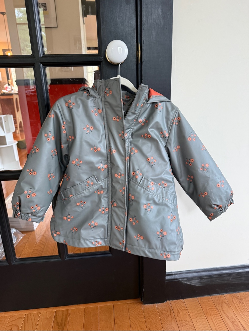 Zara Grey/Green Hooded Raincoat with Coral Floral Accents